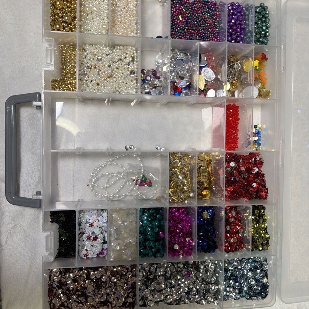 Large Mixed Craft Lot Beads Sequins Faux Pearls Jewelry Findings Organizer Box - Picture 2 of 16